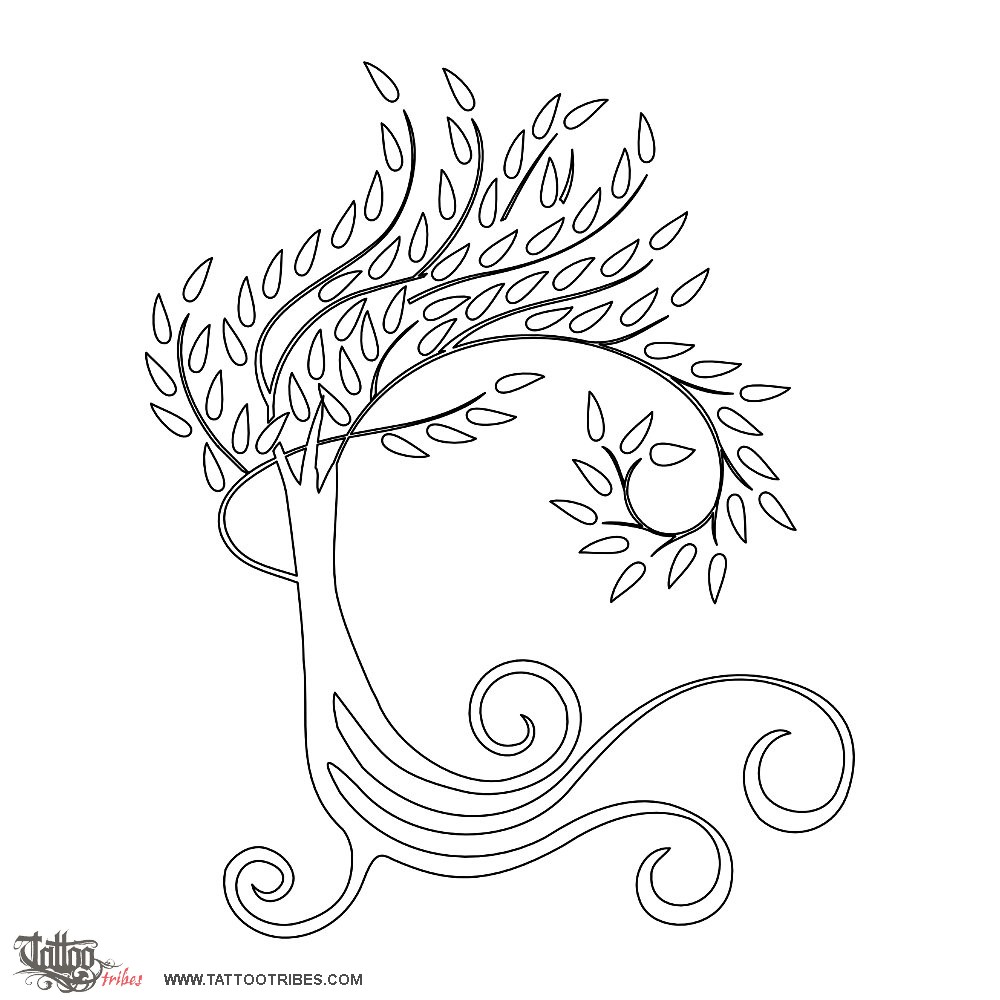 Stencil outline of Spiraling tree, Life, unity downloadable hi-res tattoo stencil