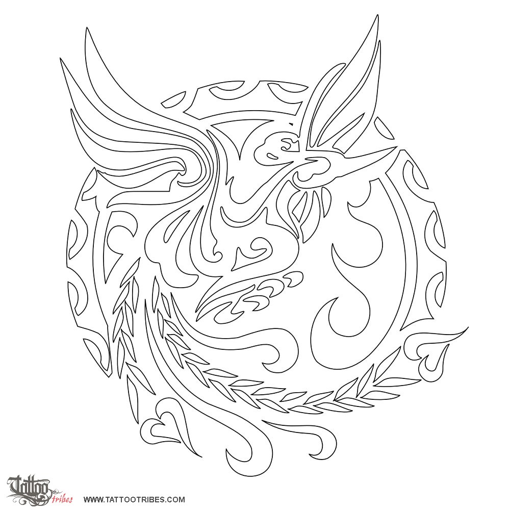 Stencil outline of Sun and phoenix, Eternity downloadable hi-res tattoo stencil