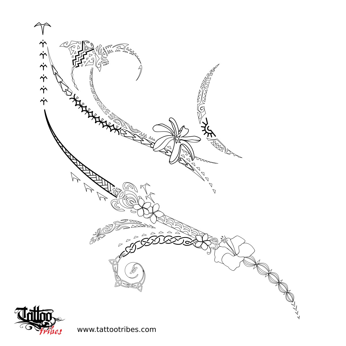Feminine Polynesian tattoo stencil for back and hip downloadable hi-res tattoo stencil