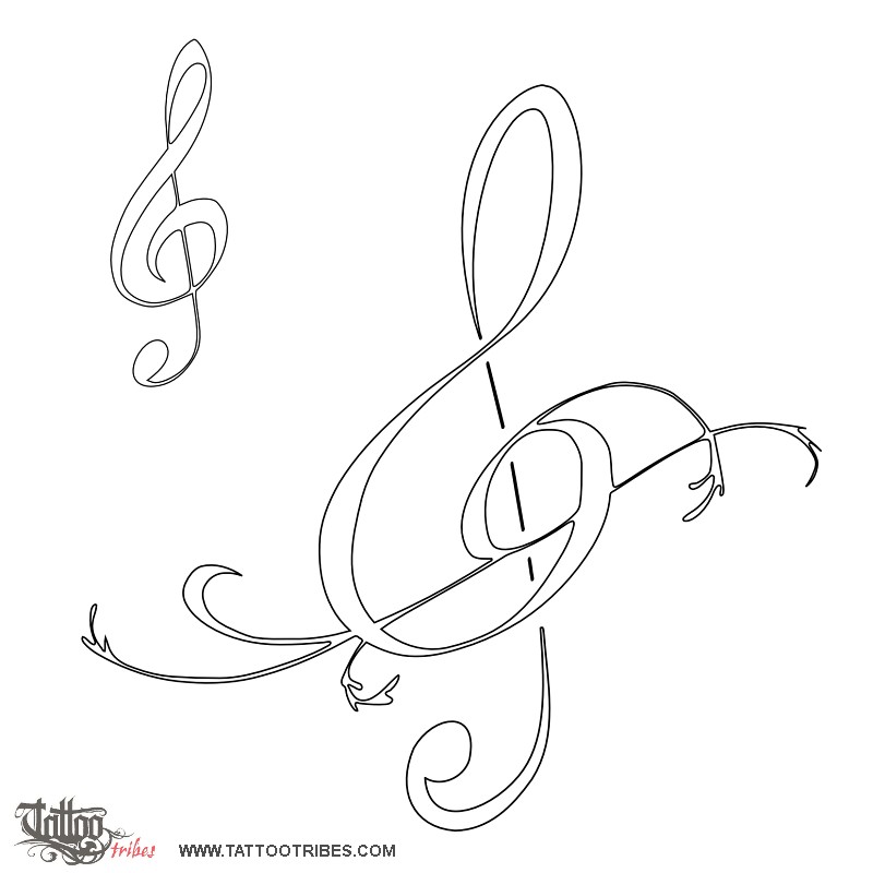 Stencil outline of Treble clef, Music, harmony downloadable hi-res tattoo stencil