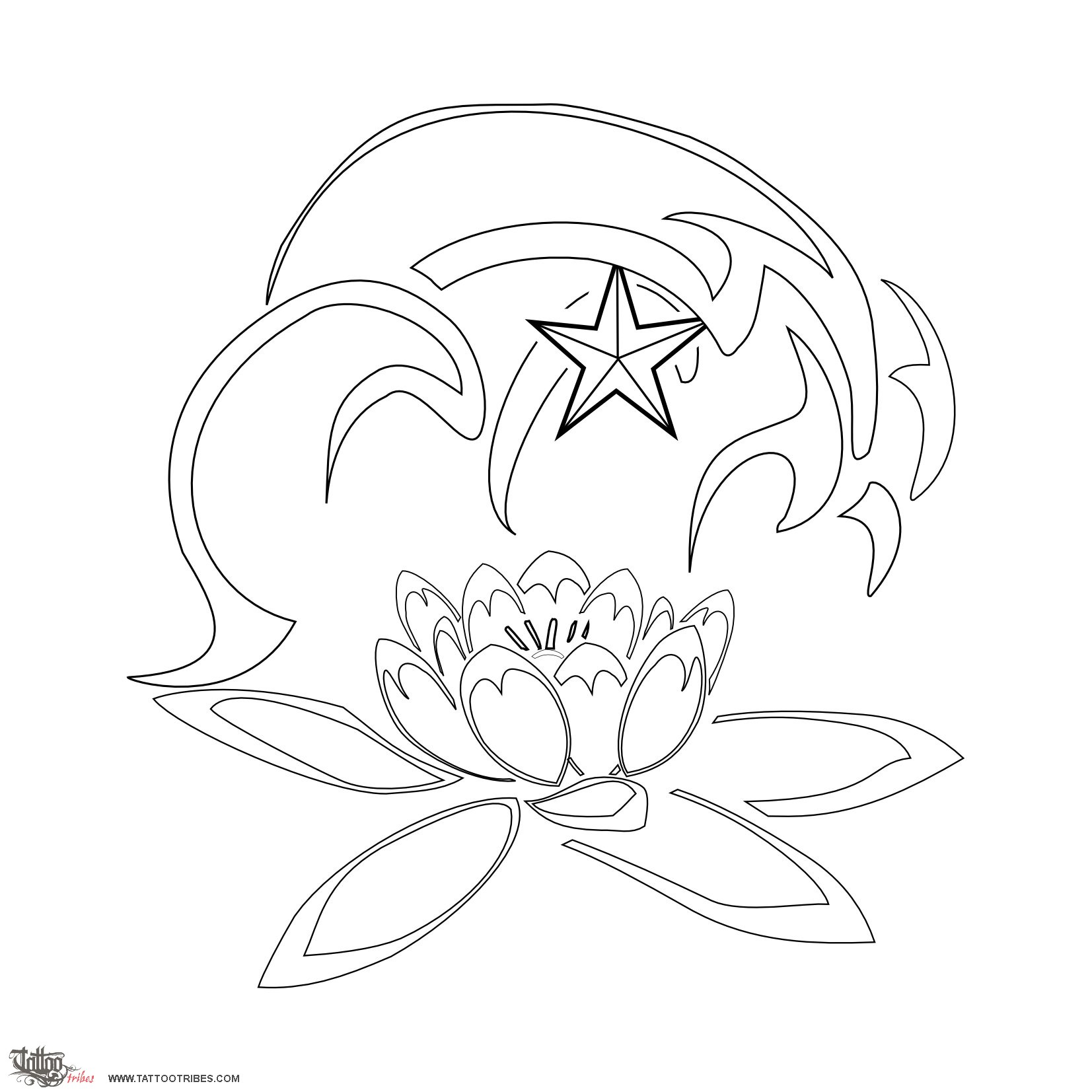 Stencil outline of Traveling, Wave, star and lotus downloadable hi-res tattoo stencil