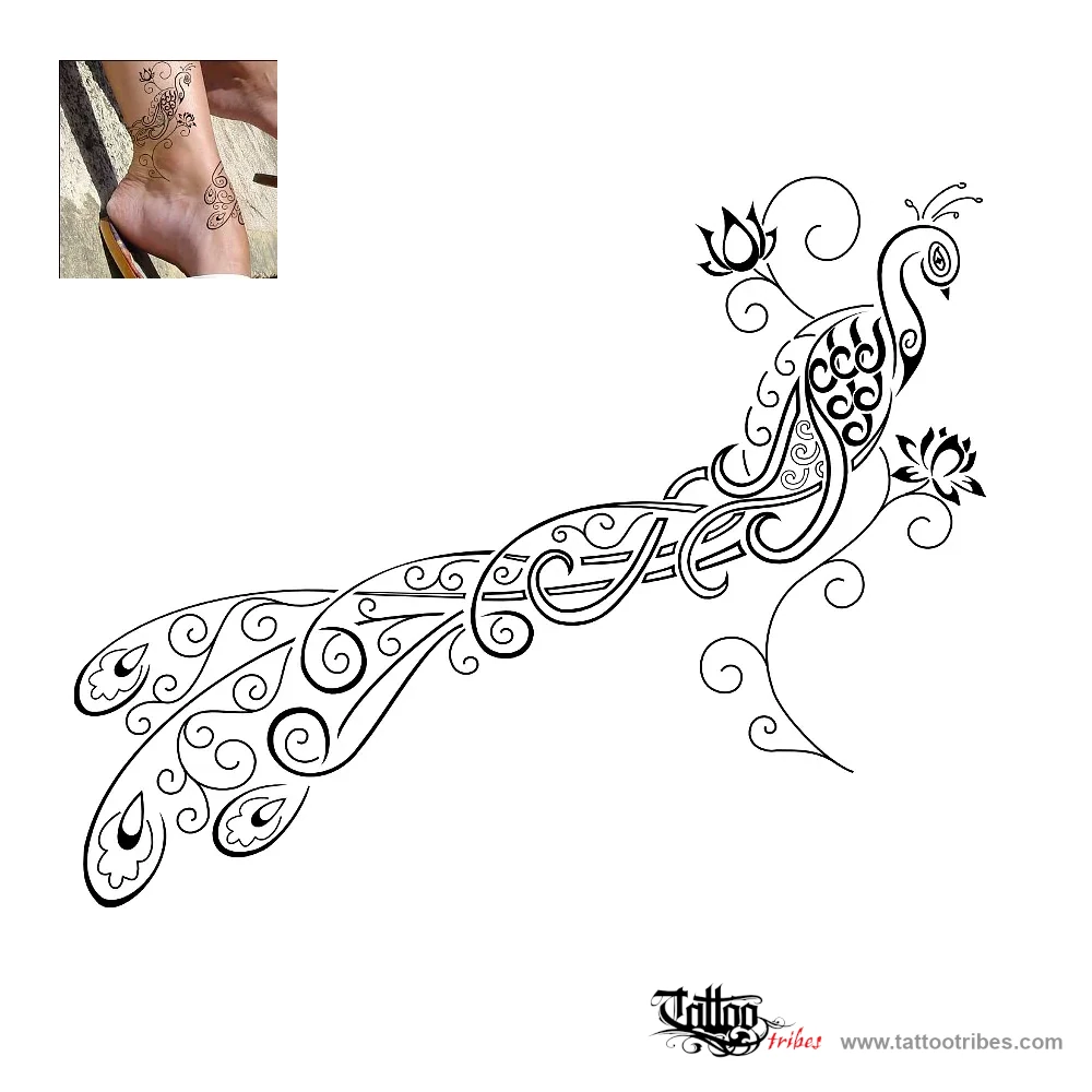 Tattoo image of Peacock and lotus flowers, Beauty, rebirth