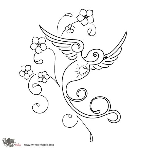 Sparrow and flowers (Memory, love) tattoo design thumbnail
