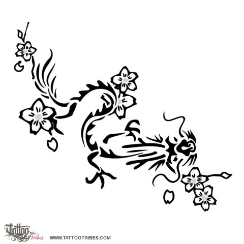 Dragon and cherry blossoms (Splendour, life) tattoo design thumbnail