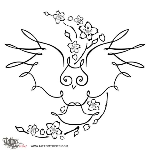 Owl and cherry blossoms (Live for the moment) tattoo design thumbnail