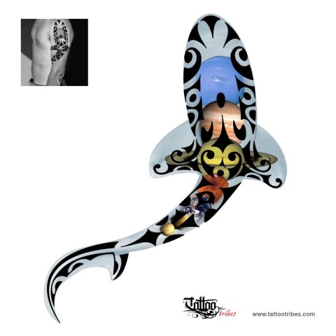 Cover-up (Planets shark) tattoo design thumbnail