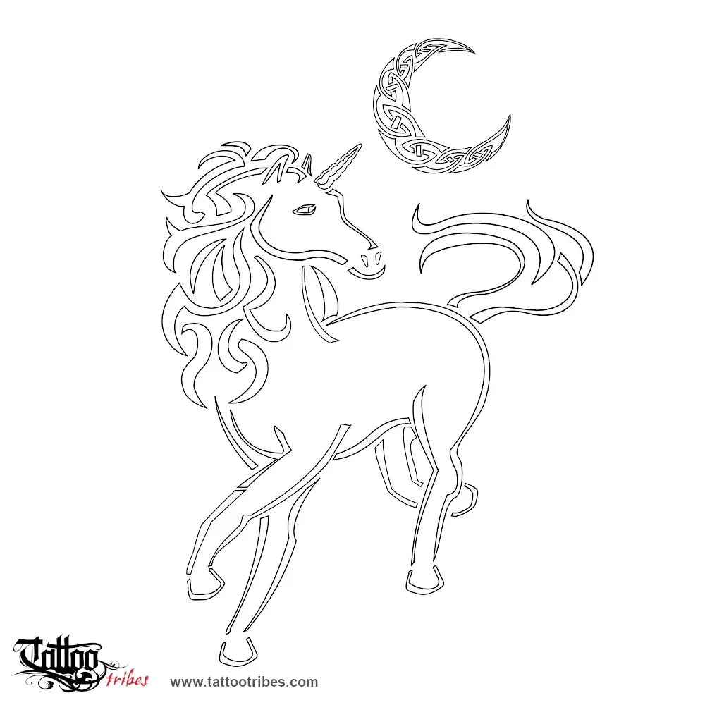 Stencil outline of Unicorn and moon, Purity, femininity