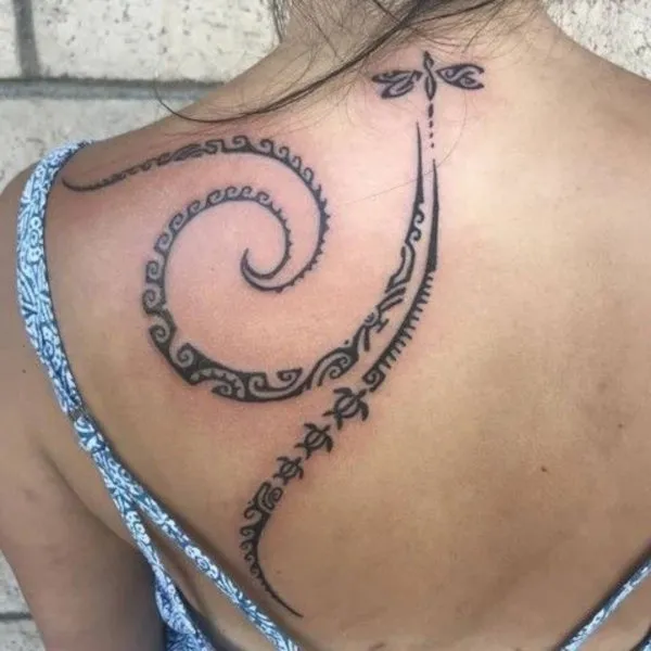 Real community tattoo placement: Jessica - SN dragonfly Polynesian