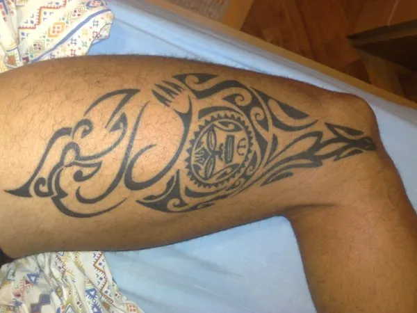 Real community tattoo placement: Luca - Manaia sun and lizard