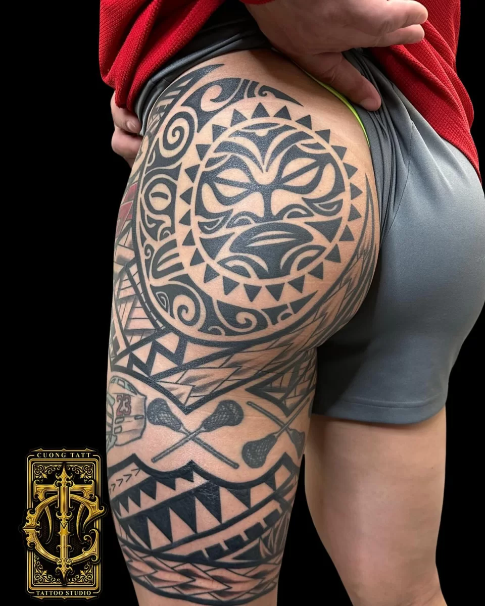 Cuong - sunmoon tattoo Polynesian leg piece