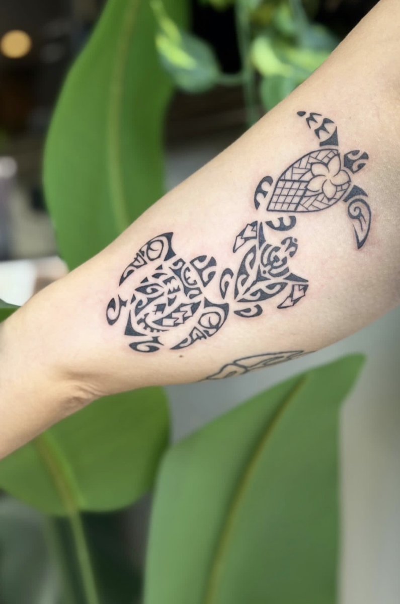 Polynesian three turtles family tattoo on forearm: inked placement real user tattoo photo