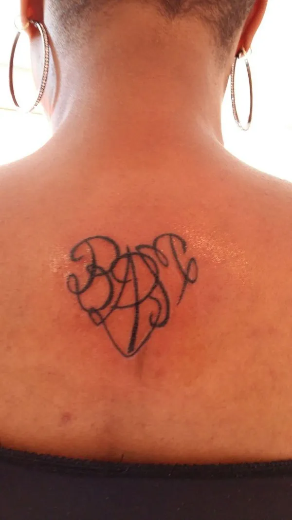 Real community tattoo placement: Marie-Louise - B+A+B+M heart