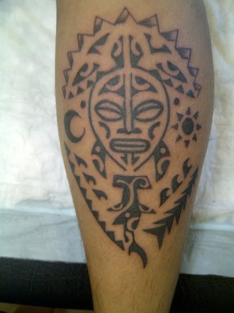 Raymond - Polynesian calf: real inked placement tattoo photo thumbnail