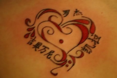 Tania - Heart & names: real inked placement tattoo photo thumbnail