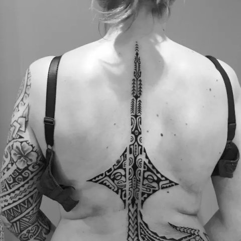 Tanne - Polynesian back and sleeve: real inked placement tattoo photo thumbnail